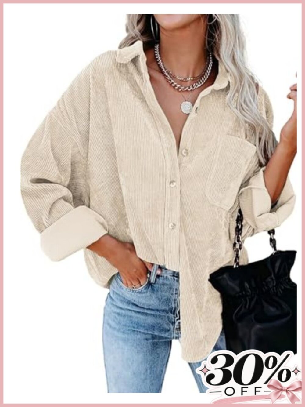 Oversized Corduroy Button Down Shacket Chest Pocket Long Sleeve